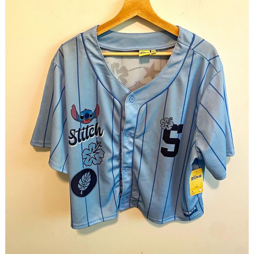 Disney Stitch Blue Pinstripe Button-Up Jersey Shirt Short Sleeve Adult XXL